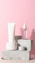 Skincare Cosmetic Products Displayed on Concrete Blocks with Pink Background