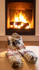 Pair of Knitted Wool Socks Near Burning Fireplace Offering Warm and Cozy Winter