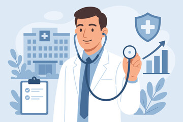 Healthcare business growth concept with doctor holding stethoscope, medical examination, health insurance chart, hospital data analysis, medicine and healthcare industry