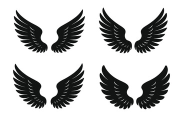 Obraz premium Angel and Bird Wing Silhouette Vector Set of 4, Black Feathered Wings, Isolated Icon Collection for Logo Design, Tattoo, Decal, Emblem, Highly Detailed, Customizable, Multiple Styles, White Background