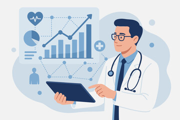 Modern Healthcare Data Analytics, Medical Business Growth, Doctor Analyzing Digital Medical Reports, Network Connections, Virtual Tablet Interface, Flat Vector Illustration