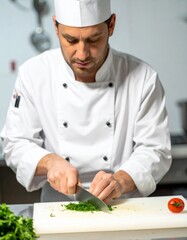Concentrated Chef in White Uniform Chopping Parsley on White Board in Kitchen