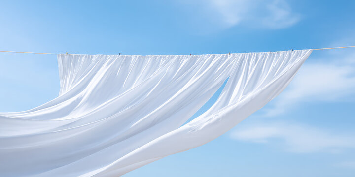 White sheets billow gently on a clothesline against a bright, clear sky. Freshness and simplicity