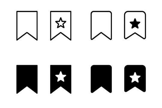 Bookmark icon set. Save symbol collection. Favorite sign for ui and ux design. Web tag label for website. Read marker pictogram. Outline and glyph style with star for content.