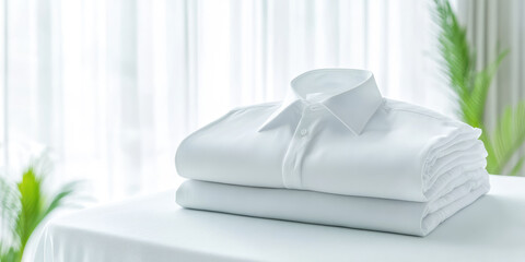 A neatly folded white dress shirt is placed on a table in a bright setting with soft curtains in the background. Freshly laundered clothing concept