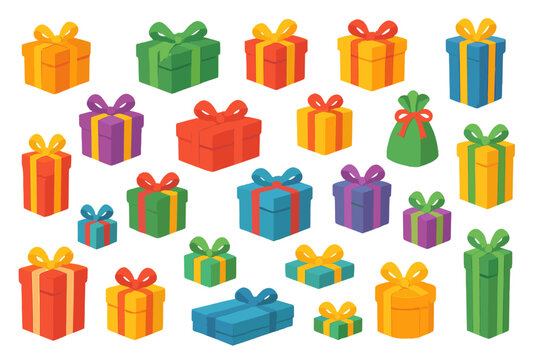 Gift box vector set. Colorful present collection for birthday, christmas, holiday. Wrapped package illustration with bow. Surprise party element. Flat cartoon design isolated.