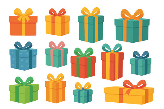 Colorful gift boxes set with ribbons and bows, festive holiday presents, decorative wrapped gifts, vector illustration with transparent background, perfect for holiday designs