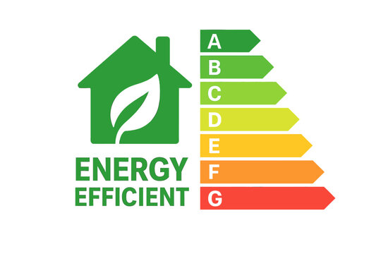 Energy efficient icon with multicolor classification graph, energy consumption rating, eco certification, sustainable living, green home, energy saving, renewable energy