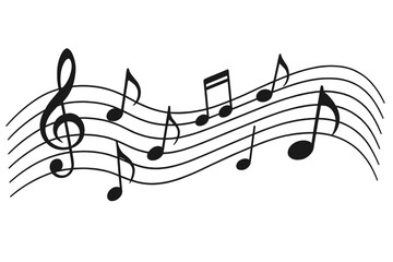 Flowing Musical Notes Staff Wave. Dynamic Music Notation Vector Illustration. Curved Staff with Treble Clef and Assorted Notes. Black and White Sheet Music Art for Design, Education, Decor