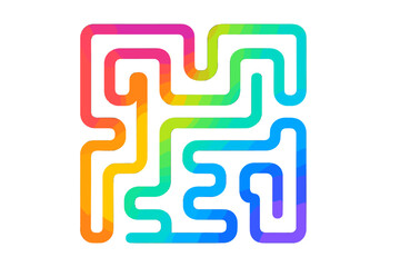 Obraz premium Modern maze labyrinth icon for business solution or strategy. Abstract geometric puzzle symbol with fluid rainbow gradient path. Colorful creative line art vector for logic.