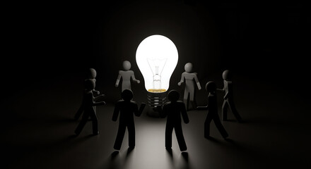  People standing around glowing lightbulb for innovation and ideas concept