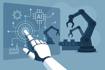 Robotic Hand Operating AI-Controlled Automation Robot Arms in Smart Factory, Virtual Touchscreen Interface, Industrial Technology, Futuristic Manufacturing, Vector Illustration
