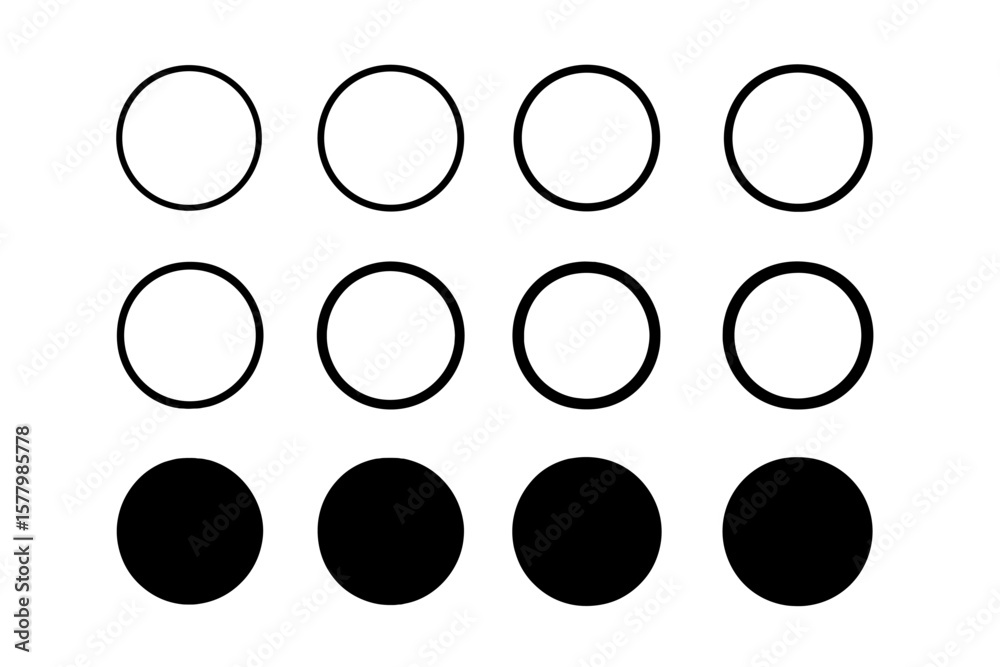 Poster set of black circles with different line weights. geometric icon collection showing thin, thick, and