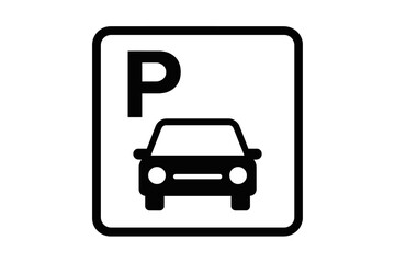 Car parking icon. Vector road sign symbol for a car park lot or area. Automobile transportation pictogram. Traffic parker place silhouette isolated on a white background.