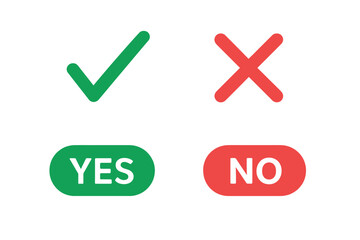 Check mark and cross icon set. Green tick and red X symbols. Yes and No buttons for vote, decision, or web choice. Right and wrong, approve and reject vector signs.