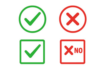 Check mark and cross button icon set. Green tick and red X mark symbols for yes & no choice. Vector icons in circle and square for UI, approval, rejection, correct, incorrect.