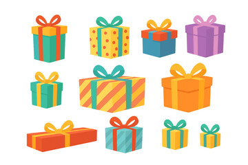Colorful gift boxes set with ribbons and bows. Big collection of presents for birthday, christmas or any holiday celebration. Wrapped surprise package vector illustration.