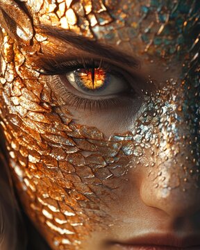 a woman's face textured with metallic dragon scale pattern