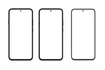Realistic Smartphone Mockup Set, Blank White Screen, Black, Gray, White 3D Mobile Phone Front View, Modern Device Template for UI UX Design, Isolated Vector Illustration