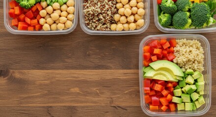 Colorful Healthy Meal Prep with Quinoa and Fresh Vegetables in Plastic Containers on Wooden Background