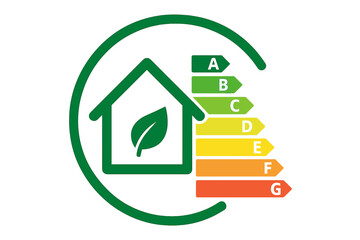 Energy efficiency rating graph for house. Home energy performance certificate icon. Eco-friendly building with leaf. Sustainable living and green power consumption concept.