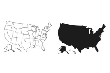 United States Map Outline and Solid Silhouette Vector, Blank USA Map with State Borders, Black and White Isolated American Map, Editable Template for Design, Geography, Education