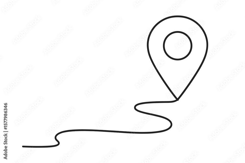 Poster continuous one line map pin icon, location pointer, gps navigation route, minimalist path symbol, de