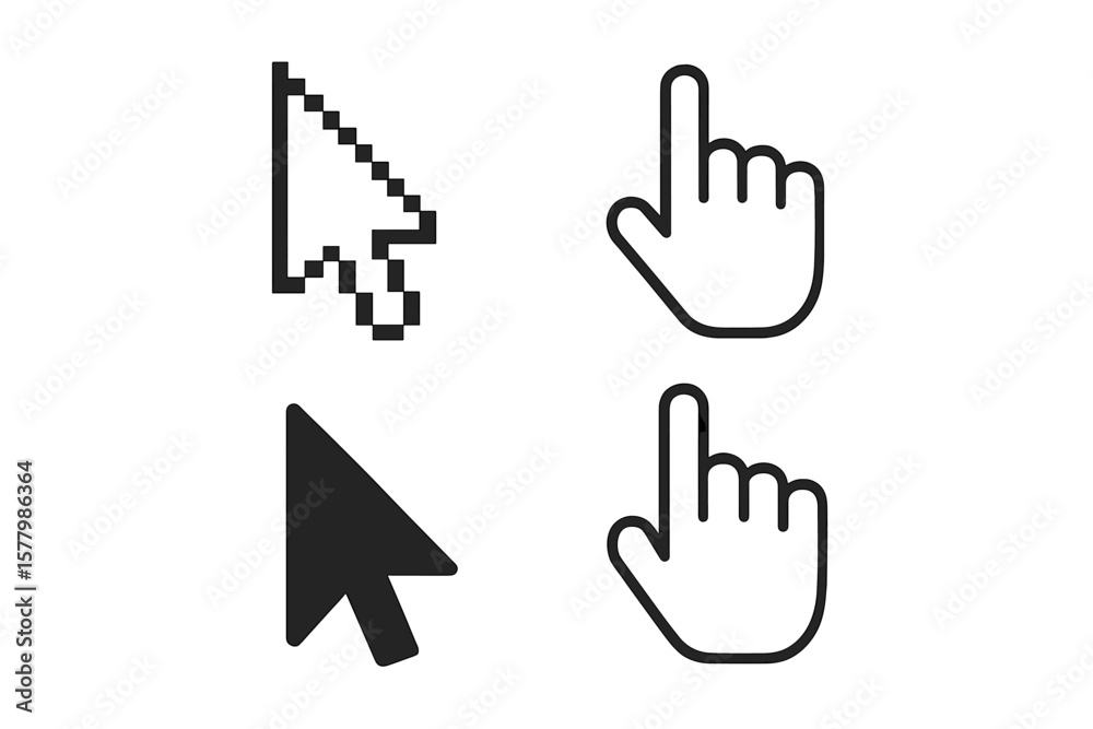 Fototapete Computer Mouse Cursor and Hand Pointer Icon Set. Pixel Arrow, Modern Flat Cursor, Click Hand, Vector Illustration, Transparent Background, UI UX Design, Web Navigation Symbol