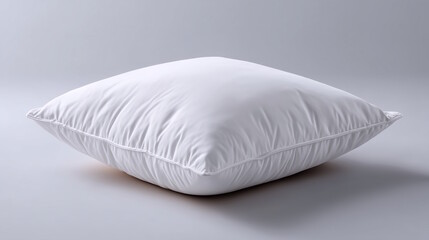 White fluffy pillow with soft texture on light gray background, cozy home decor concept of bedding and interior design