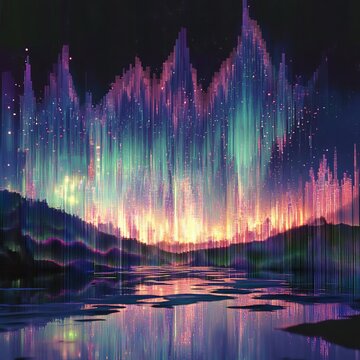 Digital Aurora A futuristic reinterpretation of the aurora borealis in pixelated abstract form modern and luminous
