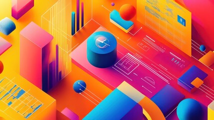 Isometric abstract visualization with geometric shapes and charts