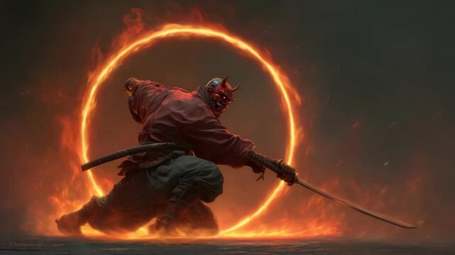 Fierce demon samurai in red armor kneels with katana, glowing fire ring behind, dark background, concept of power and supernatural force