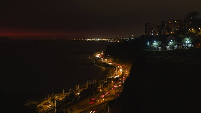 Night view of traffic along the miraflores coastline in lima, peru