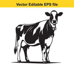 Bold Line Art of a Dairy Cow and Calf – Standing Black and White Illustration in Minimalist Style