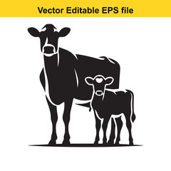 A Dairy Cow and Calf – Standing Black and White Illustration in Minimalist Style