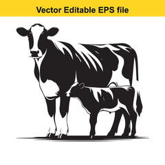 Bold Line Art of a Dairy Cow and Calf – Standing Black and White Illustration in Minimalist Style