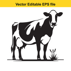 a Dairy Cow and Calf – Standing Black and White Illustration in Minimalist Style