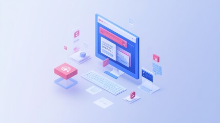 Isometric computer screen with keyboard and digital interface elements
