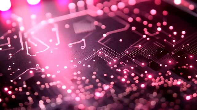 Futuristic circuit board with glowing pink lights, abstract technology background concept