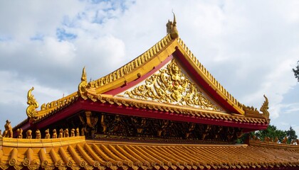 Naklejka premium Detailed Golden and Red Temple Roof with Intricate Details and Blue Sky Backdrop