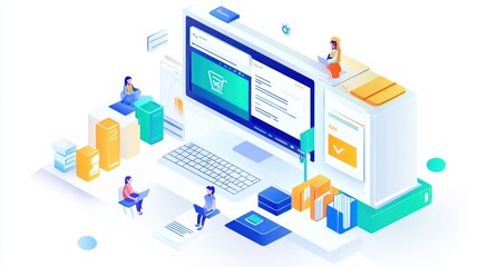 Isometric illustration of people interacting with technology and data visualization elements