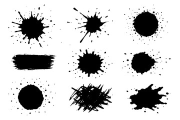Set of black ink splashes. Grunge splatters and messy paint spots collection. Abstract artistic brush strokes, dirty textured design elements. Vector graphic resources.