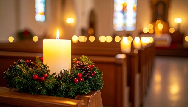 Candlelight Glows Beside Festive Advent Wreath in Church Pews for Ceremony