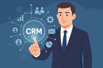 CRM customer relationship management system. Businessman works with virtual interface. Business technology for sales, marketing, data analysis and automation. Vector concept.