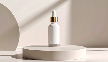 White Cosmetic Serum Bottle with Gold Dropper on Round Stage Display