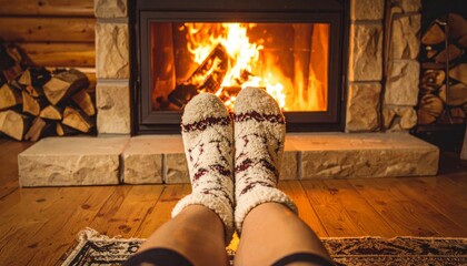 Cozy Fireplace with Warm Orange Flames and Woman Legs Wearing White Socks
