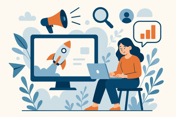 Digital online marketing business technology concept. Woman with laptop launches startup rocket. SEO promotion, data analysis, market research for growth. Flat cartoon vector.