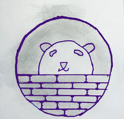 Child's Drawing of a Bear Behind a Wall - Purple Outline Kids Art Illustration
