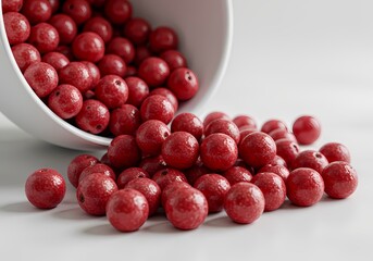 Red Candy Balls Spilling from Bowl, Festive Holiday Sweets Still Life. Elegant Arrangement of Vibrant Red Spheres on White Background, Perfect for Christmas.