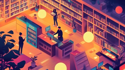 Isometric library scene with people bookshelves and digital displays